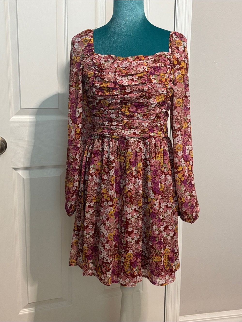 Crystal Doll Floral Long-Sleeve Square Neck Dress - Pink Floral